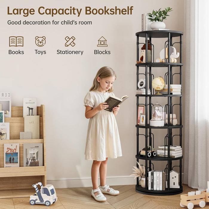 Black Rotating Five Tier Floorstanding Bookshelf Spin360