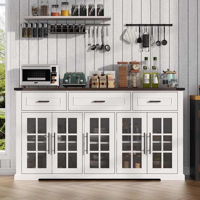 63" Sideboard Buffet Cabinet with Glass Doors, Farmhouse Large Buffet Table with 3 Storage Drawers, Modern Coffee Bar Wine Bar Cabinet with Adjustable Shelves for Kitchen, Dining Room, White