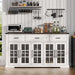 63" Sideboard Buffet Cabinet with Glass Doors, Farmhouse Large Buffet Table with 3 Storage Drawers, Modern Coffee Bar Wine Bar Cabinet with Adjustable Shelves for Kitchen, Dining Room, White