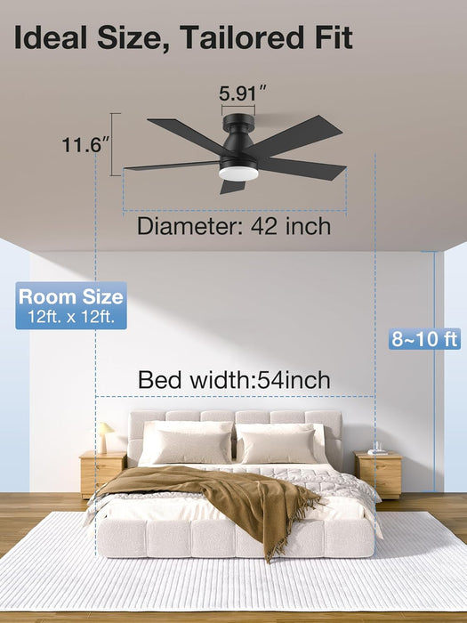 42In Smart Ceiling Fans with Lights Remote,Control via Voice Alexa App,Quiet DC Motor,Flush Mount Low Profile Ceiling Fan for Modern Bedroom,Patio,Outdoor Indoor,Black&Brown,6 Speed,Dimmable,5 Blade