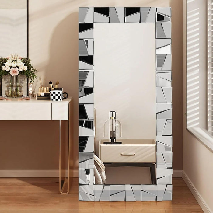Full Length Floor Mirror, 31.5" X 63" Oversized Glam Rectangle Standing Mirror with 3D Silver Glass Frame for Bedroom, Dressing Room & Living Room