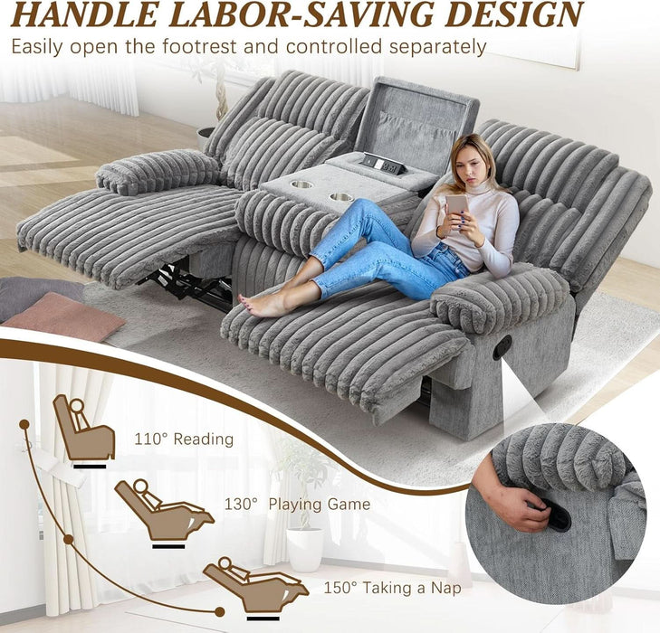 Oversized Reclining Sofa with Flip-Up Middle Backrest, Manual 3 Seater Recliner Sofa, Wall Hugger Recliner Couch with Outlets/Usb Ports for Living Room, Bedroom(Gray, Sofa)