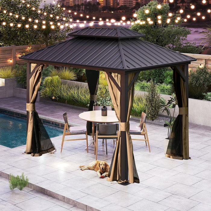 8x10Ft Hardtop Galvanized Steel Patio Gazebo Brown