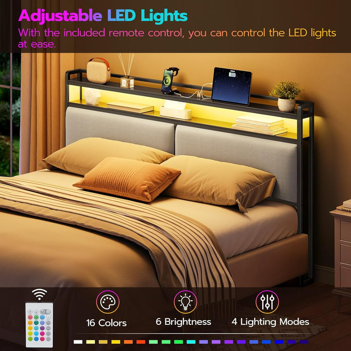 King Size Upholstered Headboard, Storage Headboard with Charging Station and Adjustable LED Lights, 2 Standard Outlets and 2 USB Ports, King Headboard Only, Easy Assembly, Black and Gray