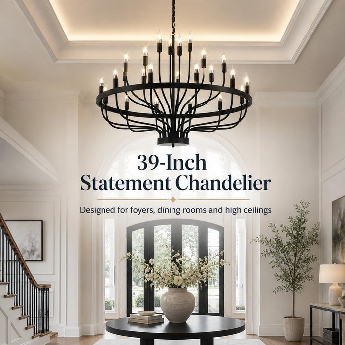 Large Black Chandelier 24-Light, round 39 in Wagon Wheel Light | 3-Tier Farmhouse Candle Pendant with E12 Base for Dining Room, Foyer, Living Room, Hallway, High Ceiling