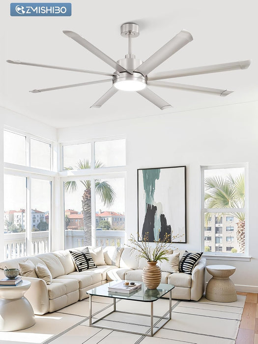 72 Inch Ceiling Fans with Lights, Indoor/Outdoor Industrial Ceiling Fan with 8 Aluminum Reversible Blade, Quiet DC Motor, 3Cct&6-Speed Remote Control, Damp Rated for Living Room/Garage/Gazebo