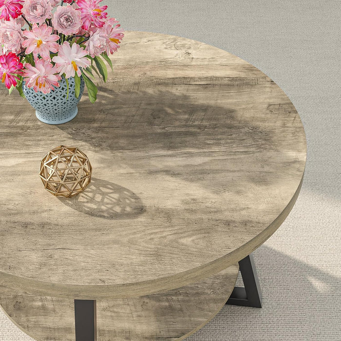round Coffee Table with Storage, 30 Inch Circle Center Tables for Living Room, Modern Sofa Table for Small Spaces, Home Office, Easy Assembly, Grey Wash