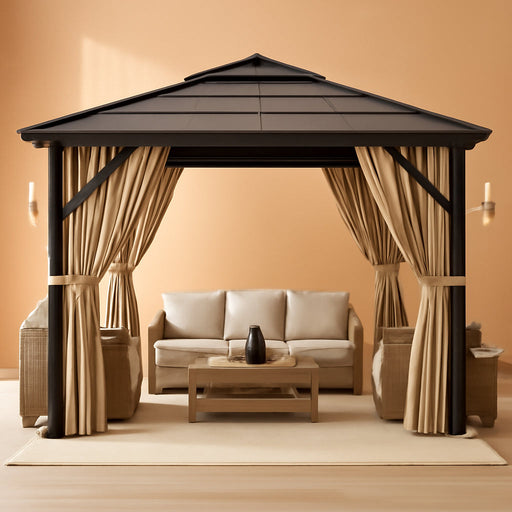 10X12 Ft Gazebo, Hardtop Outdoor Canopy Aluminum Frame Permanent Gazebo with Netting and Curtains, Polycarbonate Garden Tent for Patio, Lawn, Backyard, Deck (10 Ft X12 Ft)