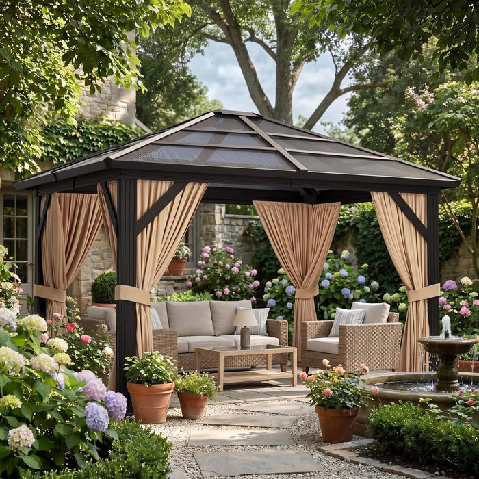 10X12 Ft Outdoor Gazebo Canopy with Heavy-Duty Aluminum Frame & Waterproof PVC Roof - Sun Shelter Tent for Backyard, Patio, Garden, Park Events