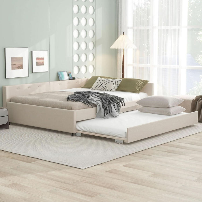 Queen Linen Upholstered Platform USB Ports and Twin Size Trundle,Modern Wooden Bed Frame W/Wood Slats Support,No Box Spring Required,For Dormitory,Apartment,Beige
