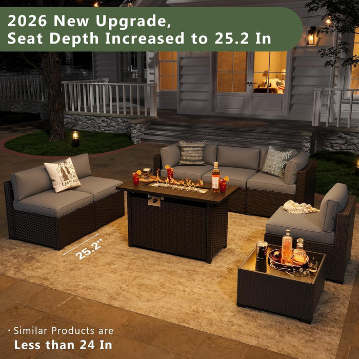 8 Piece Patio Furniture Set with 44" Fire Pit Table Wicker Rattan Sectional Sofa Outdoor Seating with Thickened Cushion, Grey