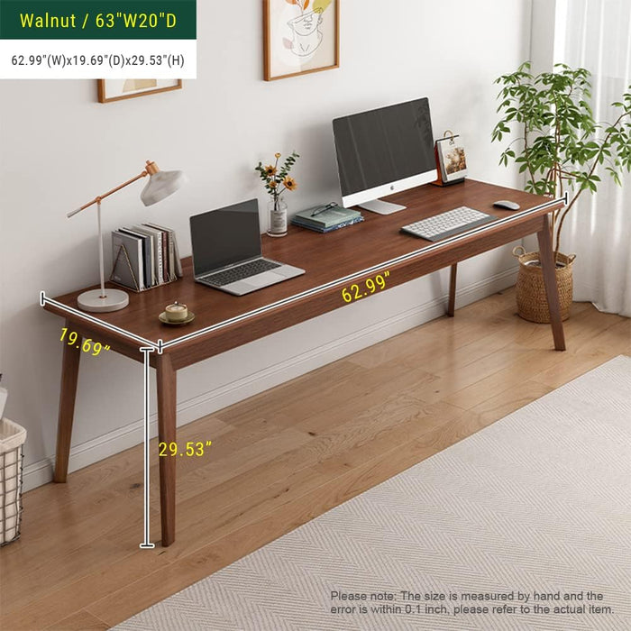 Mid-Century Long Desk Table - 63" Simple Modern Extra Long 2-Person Wood Computer Workstation for Home Office Work in Walnut, 63" W X 20" D