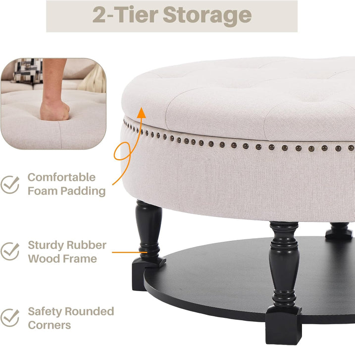 31.5" Large round Storage Ottoman, Upholstered Tufted Linen Ottoman Coffee Table, Large Footrest with Solid Wooden Legs Wood Shelf Storage, Side Table for Living Room Bedroom Office, Beige