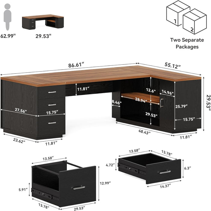 87-Inch Modern Executive Desk with File Cabinet, Large Home Office Desk with Drawers, 3-Drawer Wooden File Cabinet, Spacious Workstation for Home Office (Brown & Black)
