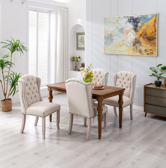 Modern Tufted Dining Chairs Set of 2, Linen Upholstered Dining Room Chairs Armless Guest Side Chair for Kitchen Dining Room, Wingback Accent Chairs with Solid Wood, Beige