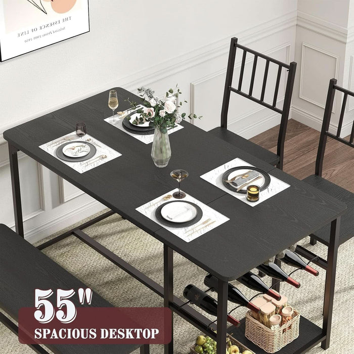 55-Inch Dining Table Set for 4 with Bench, Wine Rack, Black