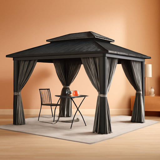 12X14Ft Hardtop Gazebo Double Roof with Nettings and Curtains, Heavy Duty Galvanized Steel Outdoor Roof for Patio, Backyard, Deck, Lawns, Gray