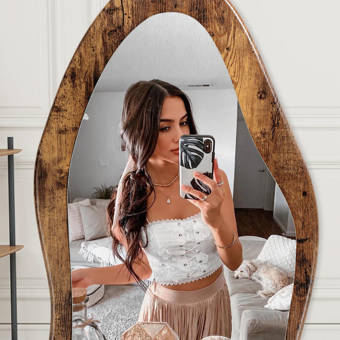Full Length Mirror Wood Framed Full Body Mirror Wavy Retro Brown