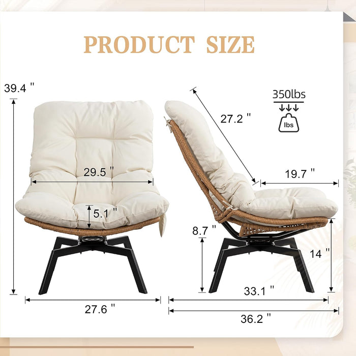 Swivel Wicker Chair PE Rattan Chair with Cushion, Oversized Patio Lounge Chair for Outdoor, Indoor, Balcony, Backyard, Garden, Living Room, Beige