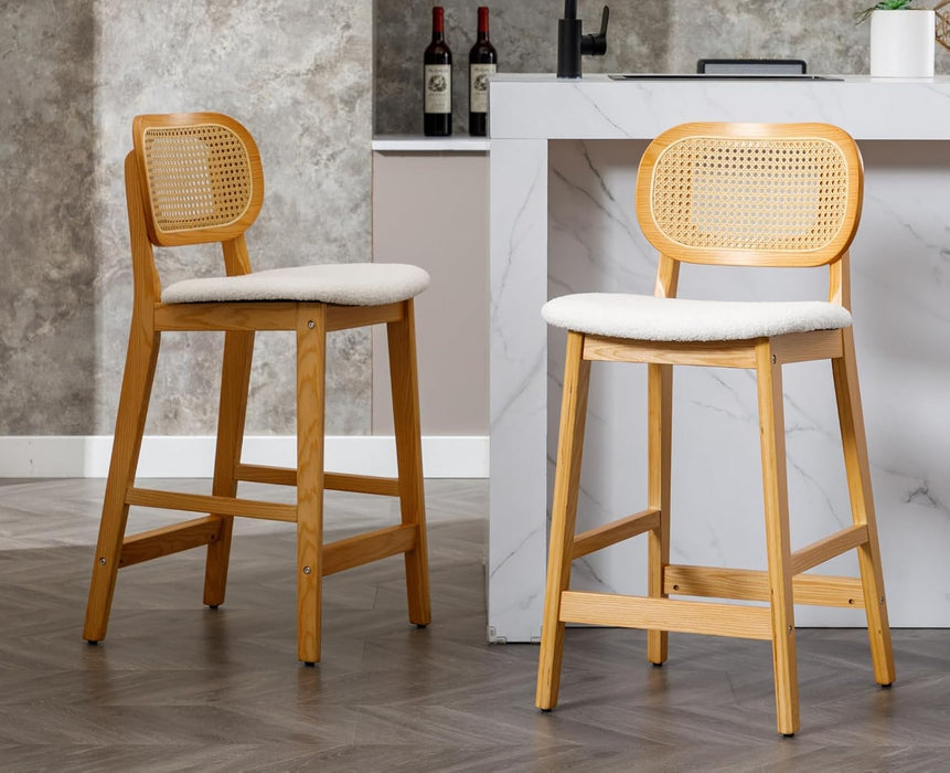 Counter Height Bar Stools Set of 2 Rattan Back Farmhouse Barstools Mid Century Modern Wood Bar Chairs Comfortable Sherpa Upholstered Kitchen Island Chairs for Pub/Breakfast, Beige