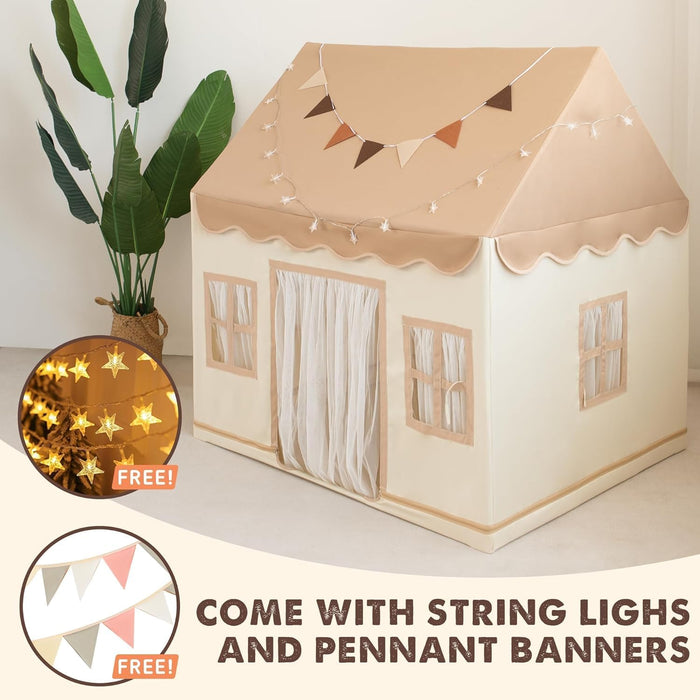 Kids Tent with Padded Mat Playhouse with Large Space for Toddlers Indoor Kids Play Tent for Girls Boys with Stars Lights, Carry Bag, Banner Flag (Brown)