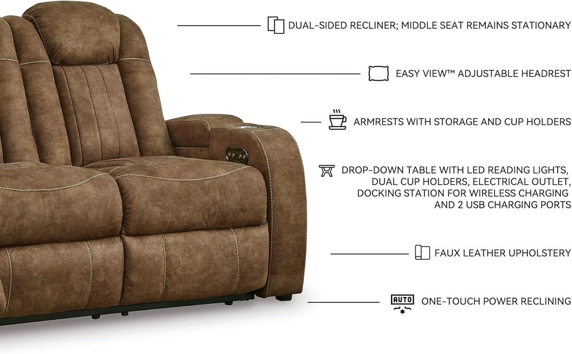 Wolfridge Contemporary Faux Leather Power Reclining Sofa with Drop down Table, LED Lights, Electrical Outlet, Wireless Charging, USB Ports and Cup Holders, Light Brown