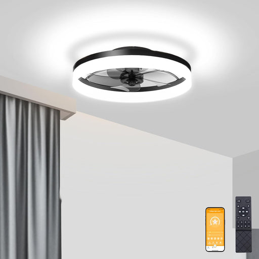 Low Profile Ceiling Fans with Lights and Remote, Fandelier Ceiling Fan Flush Mount, 3000K-6500K Smart Bladeless LED Fan Light, Black Modern Ceiling Fans with Lights for Bedroom