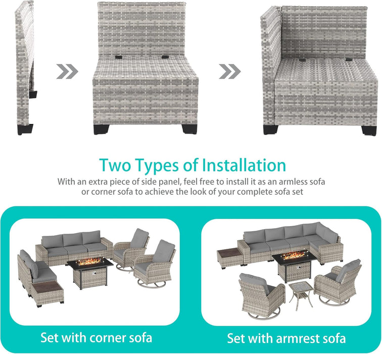 10-Piece Outdoor Patio Furniture Set with Rocking Swivel Chair, PE Wicker Rattan Sectional Sofa Patio Conversation Set with 55,000 BTU Fire Pit Table & Coffee Table, Grey