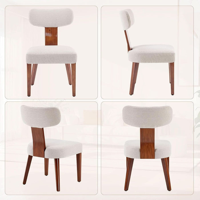 Dining Chairs Set of 4, Mid-Century Modern Upholstered Kitchen Chairs with Curved Backrest and Linen Fabric Seat, Wood Leg Accent Chairs for Dining Room, Living Room, Bedroom, Linen Beige