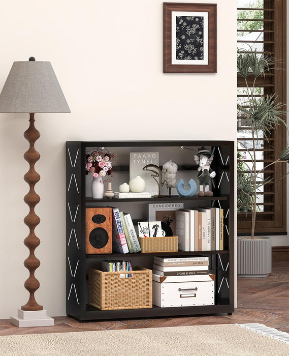 Three Shelf Black PowderCoatedSteel Bookcase Anti Tip