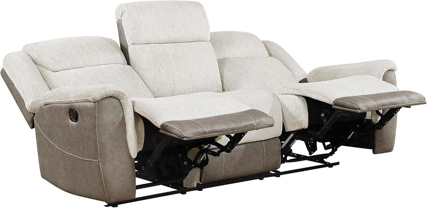 Mnul Reclining Sof for Living Room, Chenille Upholstery Double Recliner Couch Sof, Home Theter Seting, Wll Hugger, Pdded Hedrest, Required ssembly, Two-Tone Beige