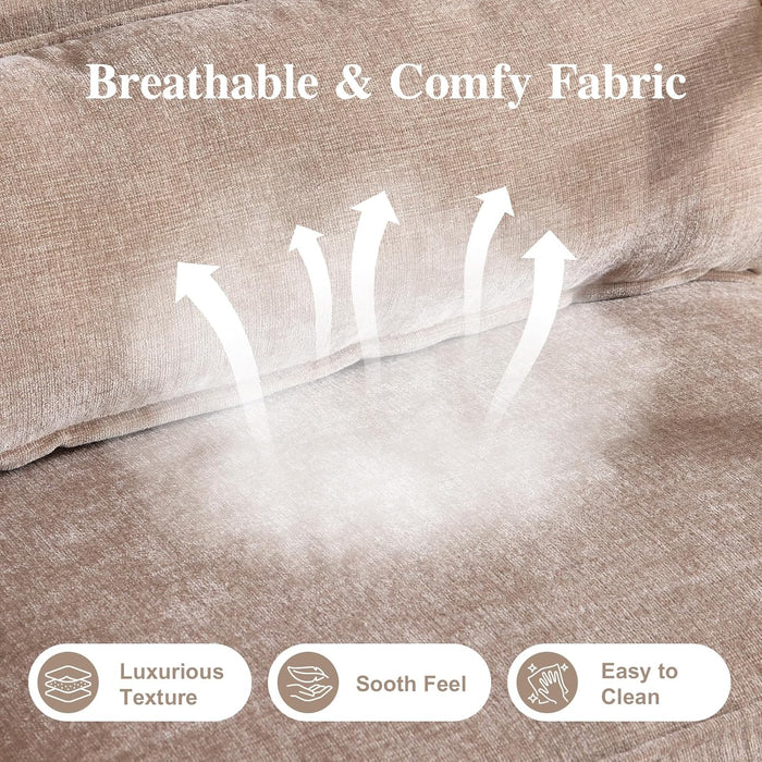 Mid Century Modern Accent Chair with Lumbar Pillow & Oak Arms – Plush Chenille Living Room Chair for Bedroom, Lounge (Khaki)