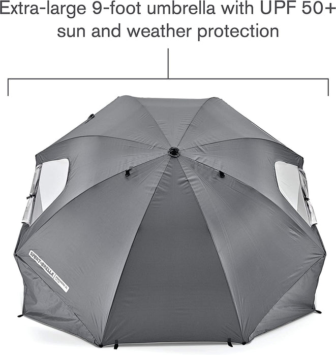 Premiere XL 9-Foot Umbrella - Heavy-Duty 1.25" Center Pole & Twist Handle Auger - UPF 50+ Sun Protection - Privacy Side Panels, Zippered Windows & 2 Interior Pockets - Carry Bag Included