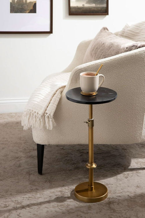 Engles Traditional Adjustable-Height Pedestal Drink Table, 10 X 10 X 30, Black Marble and Antique Brass, Vintage round Indoor Metal Plant Stand with Authentic Marble Tabletop