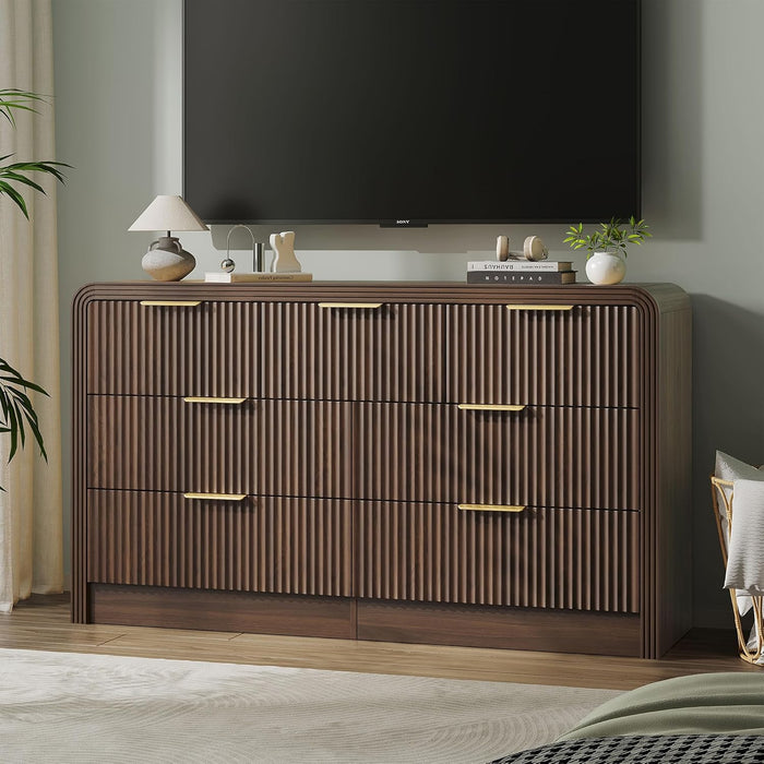 Fluted Drawers Dresser for Bedroom, Wood Dressers with Gold Handles, Modern Dressers with Wave Texture, Large Storage Chest of Drawers, Bedroom Dresser Organizer 55'' & 7 Drawers (Walnut)