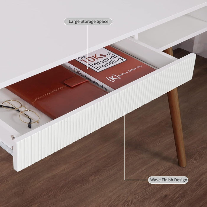 White Writing Desk with Drawers Mid Century Modern Desk, Wood Office Desk Computer Desk Vanity Desk for Small Space, White Desk with Walnut Legs