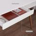 White Writing Desk with Drawers Mid Century Modern Desk, Wood Office Desk Computer Desk Vanity Desk for Small Space, White Desk with Walnut Legs