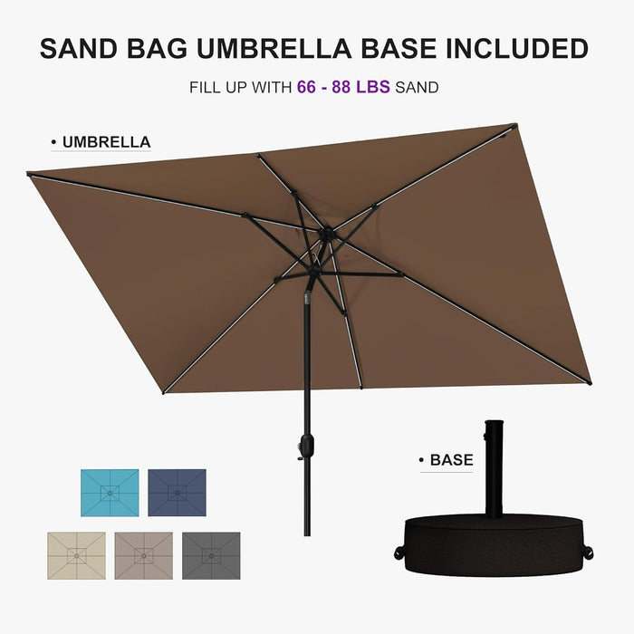 6.5' X 10' Rectangular Patio Umbrella with Solar LED Outdoor Table Umbrella Aluminum Frame Market Umbrella Sun Umbrella for Garden Deck Lawn Pool Taupe