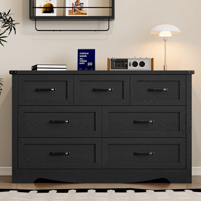 Seven Drawer Dresser Contemporary Walnut Wood Finish