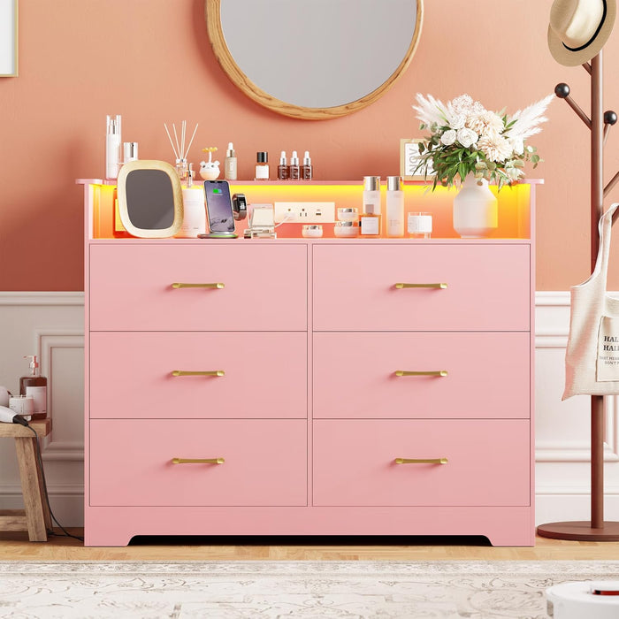 6 Drawer Dresser for Bedroom - 47.2” Wide Double Chest of Drawers with LED Light and Charging Station, Modern Large TV Stand Cabinet Organizer with Open Shelf for Living Room, Entryway, Hallway, Pink