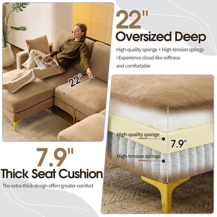 Khaki OneHundredInch U Shaped Chenille Luxurious Couch