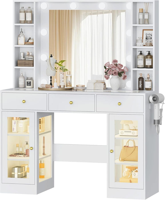 Makeup Vanity Desk with Mirror and Lights, White Vanity with Glass Top, LED Lights & Power Outlet, 3 Drawers & 2 RGB Glass Cabinets, Adjustable Lighted Dressing Table for Women & Girls Bedroom