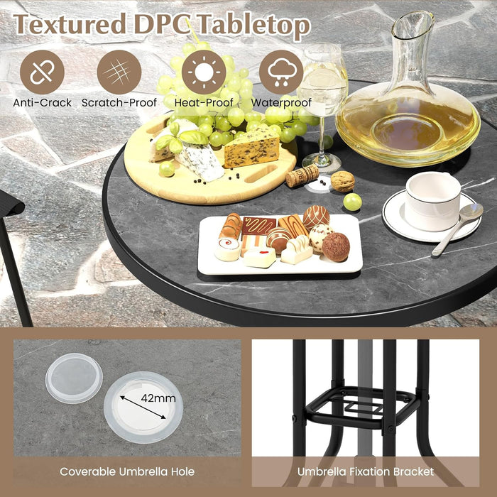 3 PCS Patio Table and Chairs Set, Bistro Furniture with DPC Tabletop, Umbrella Hole, Outdoor Bar Set with round Table and 2 Folding Counter Height Chairs for Poolside, Deck, Porch, Black