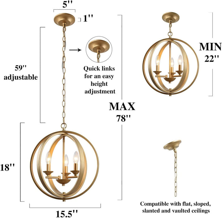Gilded Orbital Chandelier Three Light Pendant Fixture