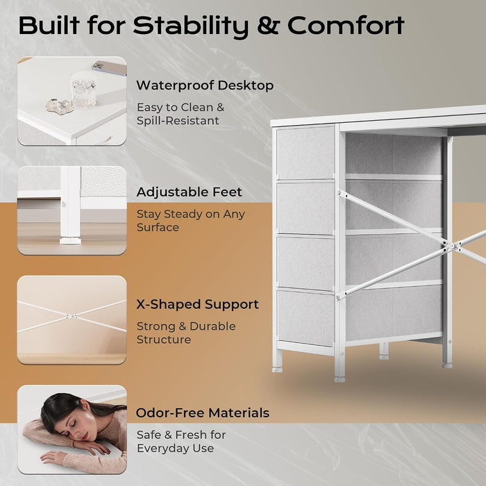 63 Inch L Shaped Desk with Fabric Drawers, Reversible Computer Gaming Desk with Power Outlets and USB-C Port, Adjustable Side Storage Shelves, for Work Study Corner Home Office, White