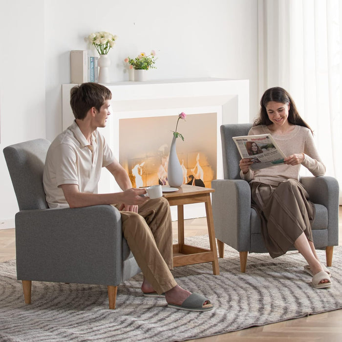 Fabric Accent Living Room Chairs Set of 2, Upholstered Arm Chair Reading Side Chair, Single Sofa with Back Pillow and Wood Legs, Light Grey