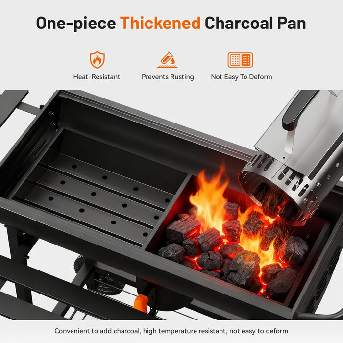 29-Inch Barrel Charcoal Grill, Heavy Duty BBQ Grill with Manual Rotisserie Meat Fork, Detachable Windproof Ash Collector Barbecue Smoker Grill Combo for Backyard, Patio and Parties ﻿