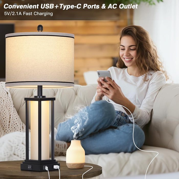 27Inch Tall Bedside Table Lamps with Charging Ports for Living Room,Traditional Lamp with Night Light for Bedroom Nightstand,Single Black