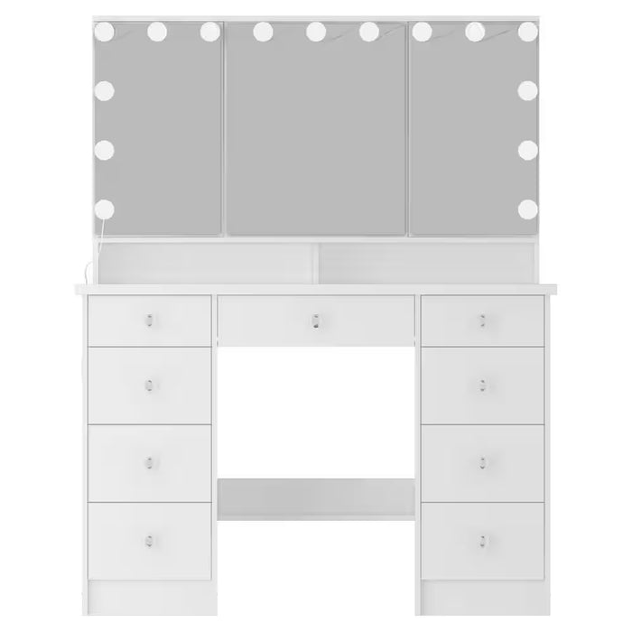 White Modern Makeup Vanity Desk 9 Drawers Wood Dressing Table with 3 Mirrors, Hidden Storage Shelves, LED Bulb Lights