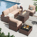 7 Pieces Patio Furniture Set with 44” Fire Pit Table Wicker Rattan Outdoor Sectional Conversation Set with Coffee Table and 4” Thickened Cushions, Beige (Waterproof Cover Included)
